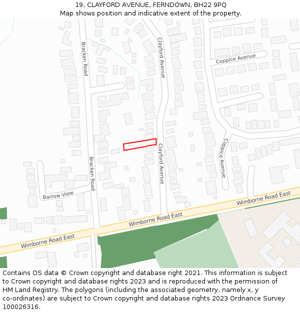 19, CLAYFORD AVENUE, FERNDOWN, BH22 9PQ: Location map and indicative extent of plot