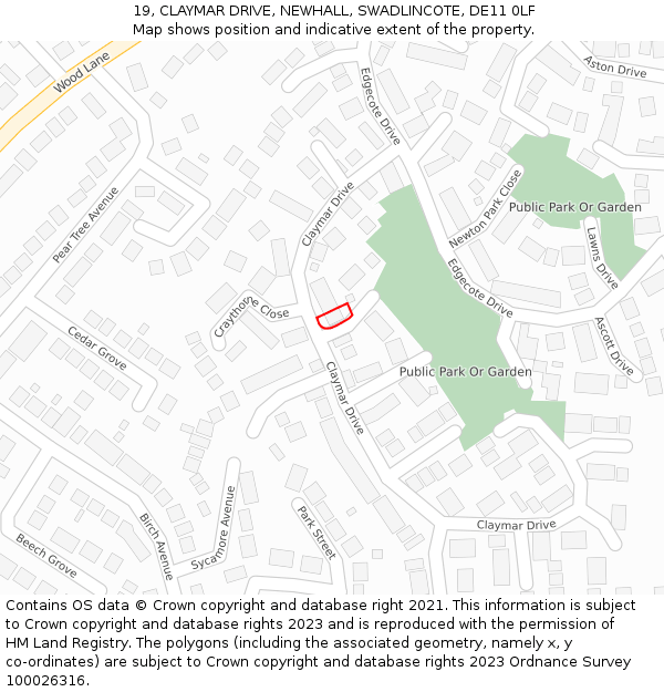 19, CLAYMAR DRIVE, NEWHALL, SWADLINCOTE, DE11 0LF: Location map and indicative extent of plot