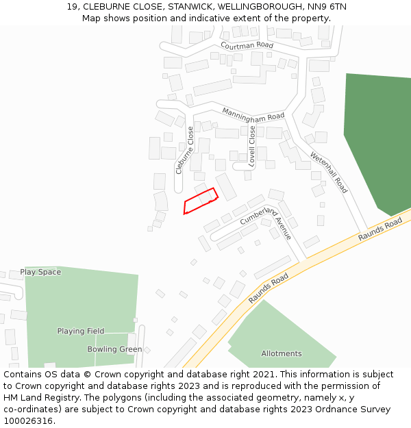 19, CLEBURNE CLOSE, STANWICK, WELLINGBOROUGH, NN9 6TN: Location map and indicative extent of plot