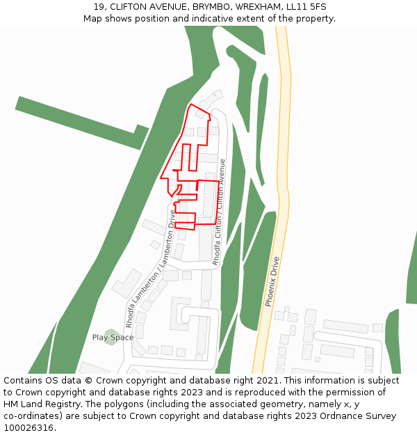 19, CLIFTON AVENUE, BRYMBO, WREXHAM, LL11 5FS: Location map and indicative extent of plot