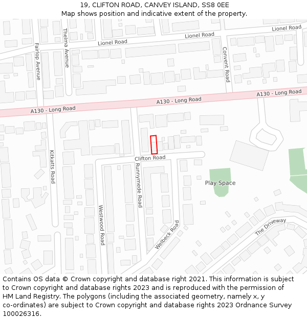 19, CLIFTON ROAD, CANVEY ISLAND, SS8 0EE: Location map and indicative extent of plot