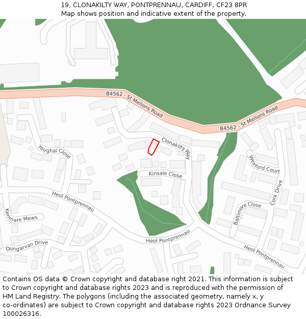 19, CLONAKILTY WAY, PONTPRENNAU, CARDIFF, CF23 8PR: Location map and indicative extent of plot