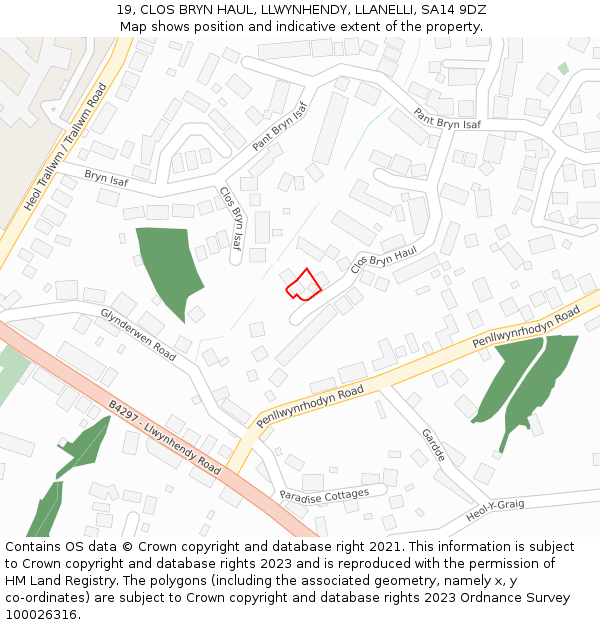 19, CLOS BRYN HAUL, LLWYNHENDY, LLANELLI, SA14 9DZ: Location map and indicative extent of plot