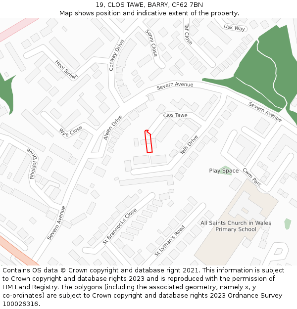 19, CLOS TAWE, BARRY, CF62 7BN: Location map and indicative extent of plot