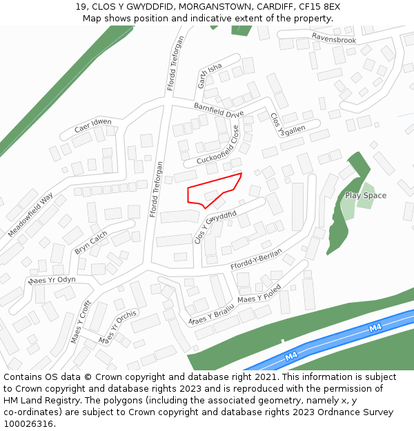 19, CLOS Y GWYDDFID, MORGANSTOWN, CARDIFF, CF15 8EX: Location map and indicative extent of plot