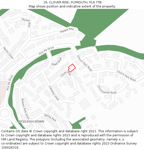 19, CLOVER RISE, PLYMOUTH, PL6 7TB: Location map and indicative extent of plot