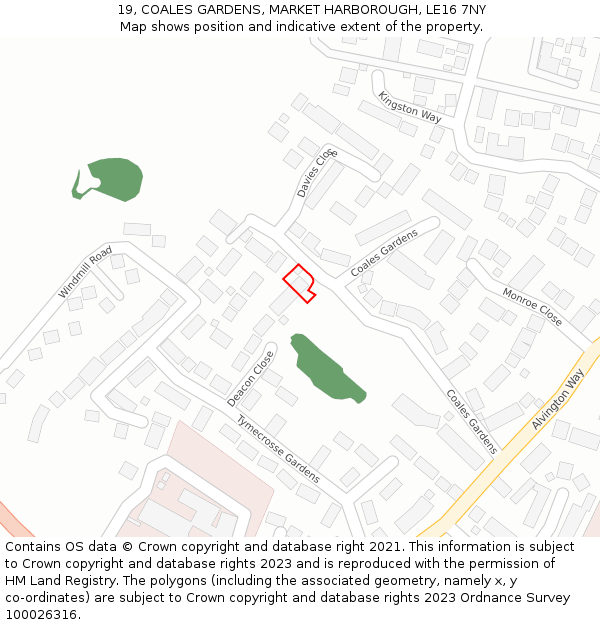 19, COALES GARDENS, MARKET HARBOROUGH, LE16 7NY: Location map and indicative extent of plot