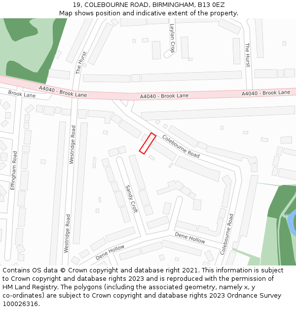 19, COLEBOURNE ROAD, BIRMINGHAM, B13 0EZ: Location map and indicative extent of plot