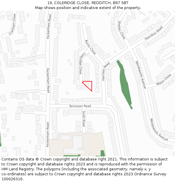 19, COLERIDGE CLOSE, REDDITCH, B97 5BT: Location map and indicative extent of plot