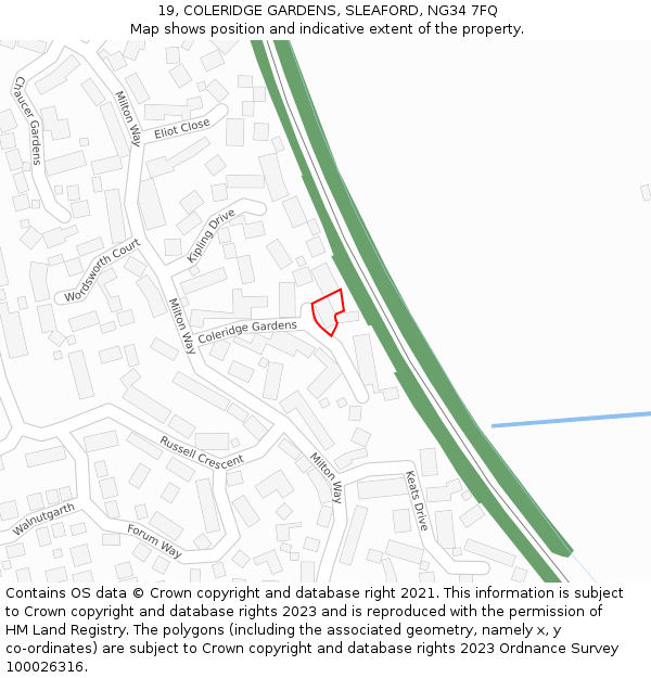 19, COLERIDGE GARDENS, SLEAFORD, NG34 7FQ: Location map and indicative extent of plot