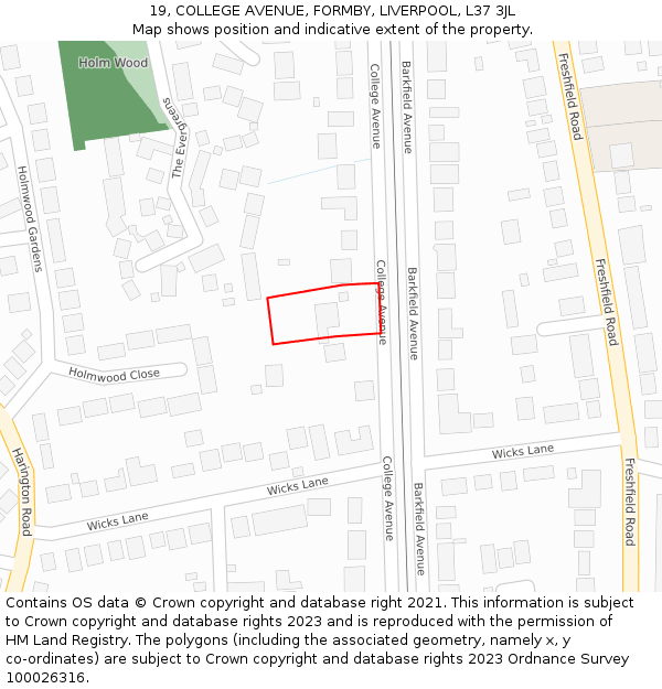 19, COLLEGE AVENUE, FORMBY, LIVERPOOL, L37 3JL: Location map and indicative extent of plot