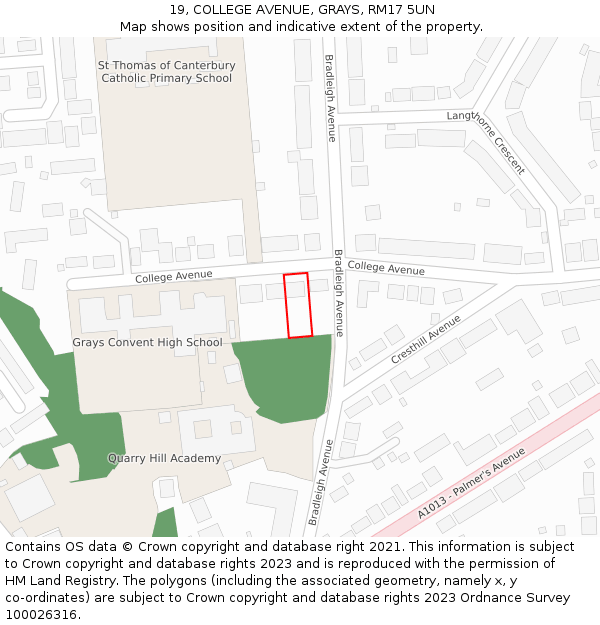 19, COLLEGE AVENUE, GRAYS, RM17 5UN: Location map and indicative extent of plot