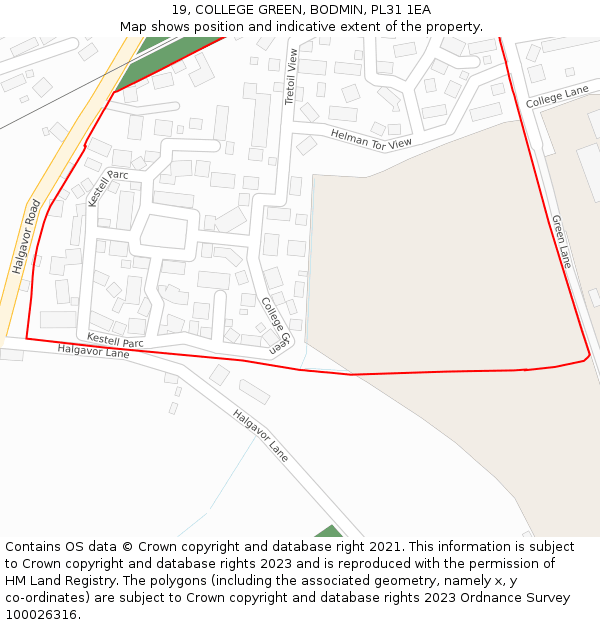 19, COLLEGE GREEN, BODMIN, PL31 1EA: Location map and indicative extent of plot