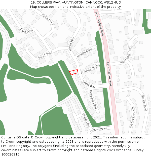 19, COLLIERS WAY, HUNTINGTON, CANNOCK, WS12 4UD: Location map and indicative extent of plot