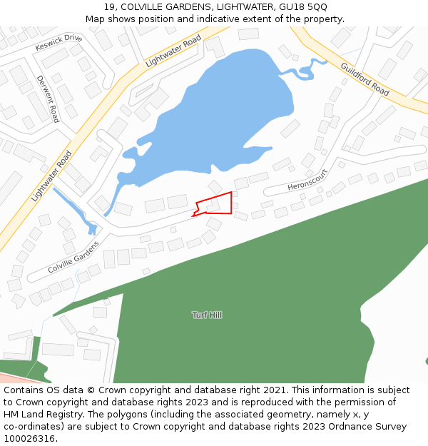 19, COLVILLE GARDENS, LIGHTWATER, GU18 5QQ: Location map and indicative extent of plot