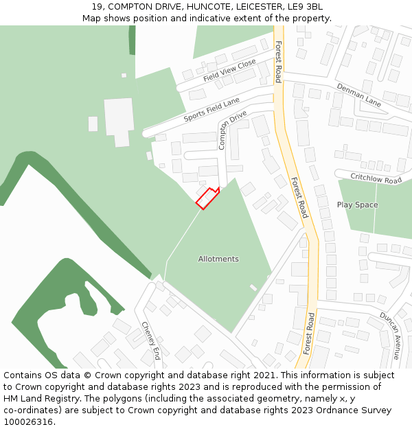 19, COMPTON DRIVE, HUNCOTE, LEICESTER, LE9 3BL: Location map and indicative extent of plot