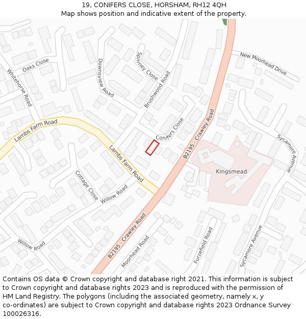 19, CONIFERS CLOSE, HORSHAM, RH12 4QH: Location map and indicative extent of plot