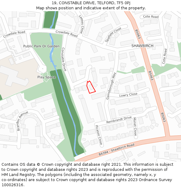 19, CONSTABLE DRIVE, TELFORD, TF5 0PJ: Location map and indicative extent of plot