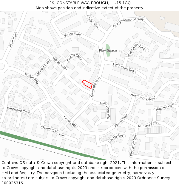 19, CONSTABLE WAY, BROUGH, HU15 1GQ: Location map and indicative extent of plot