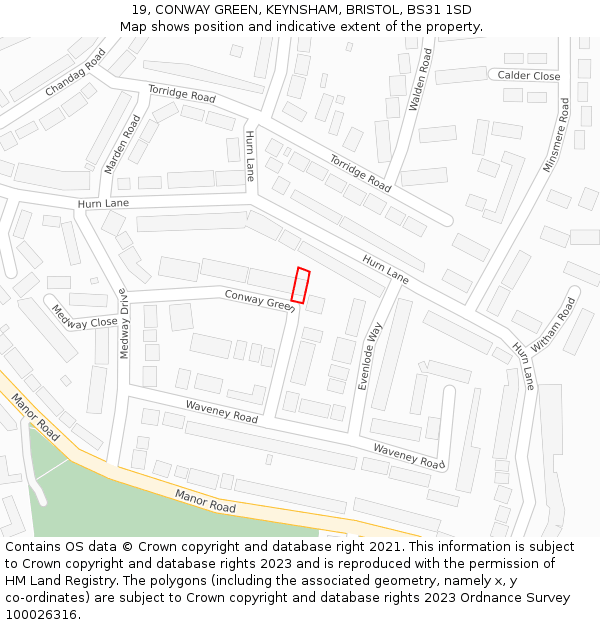 19, CONWAY GREEN, KEYNSHAM, BRISTOL, BS31 1SD: Location map and indicative extent of plot