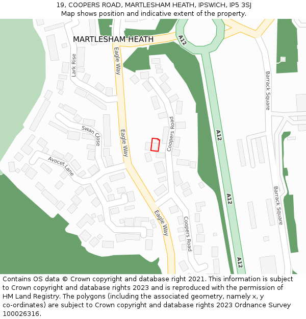 19, COOPERS ROAD, MARTLESHAM HEATH, IPSWICH, IP5 3SJ: Location map and indicative extent of plot