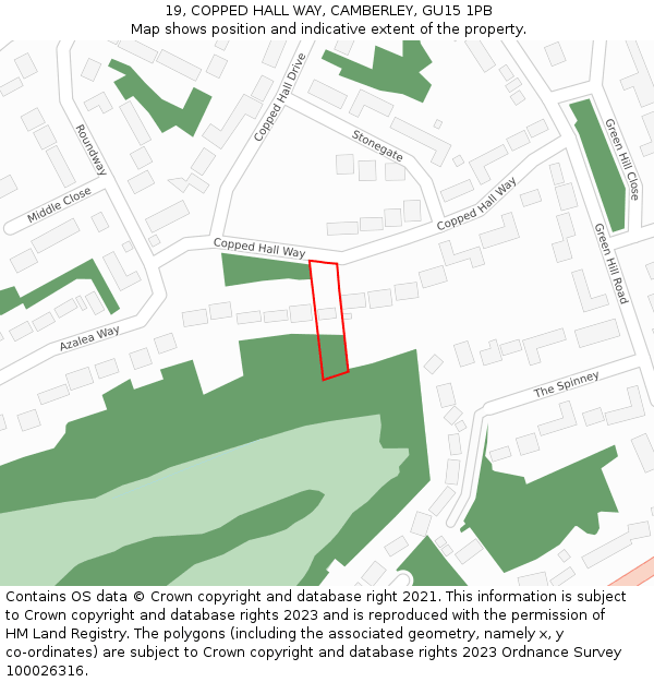 19, COPPED HALL WAY, CAMBERLEY, GU15 1PB: Location map and indicative extent of plot