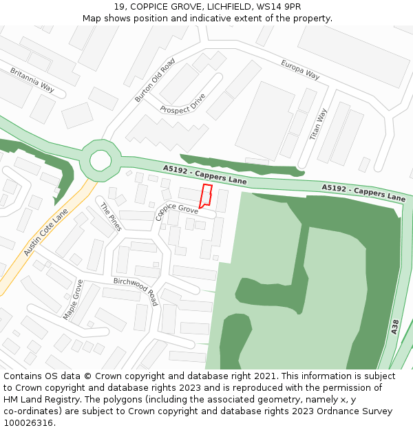 19, COPPICE GROVE, LICHFIELD, WS14 9PR: Location map and indicative extent of plot