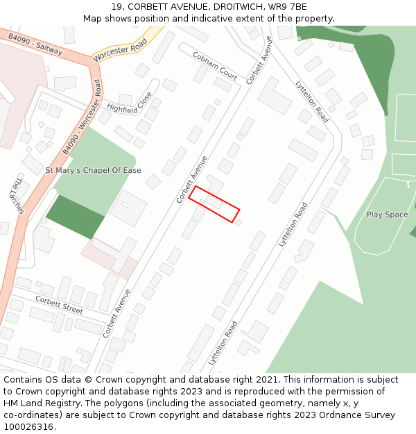 19, CORBETT AVENUE, DROITWICH, WR9 7BE: Location map and indicative extent of plot