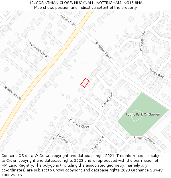 19, CORINTHIAN CLOSE, HUCKNALL, NOTTINGHAM, NG15 8HA: Location map and indicative extent of plot