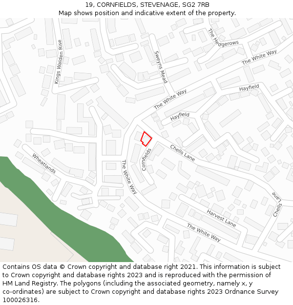 19, CORNFIELDS, STEVENAGE, SG2 7RB: Location map and indicative extent of plot