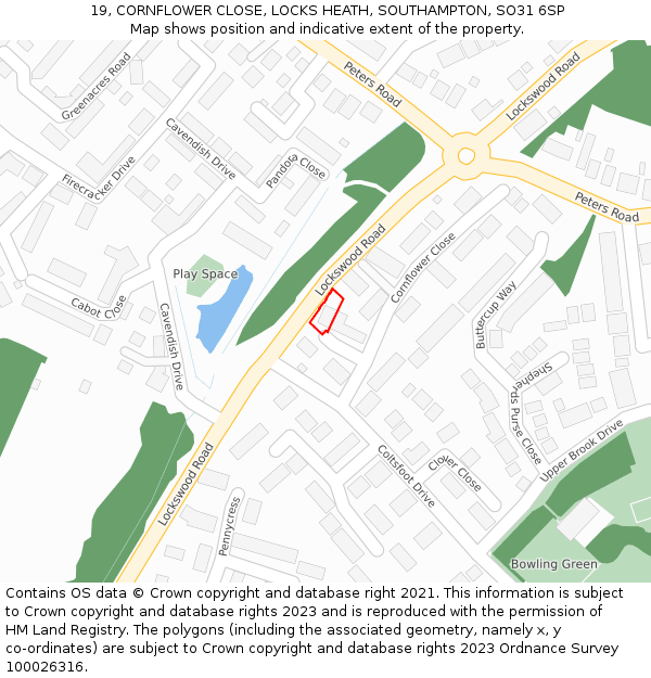 19, CORNFLOWER CLOSE, LOCKS HEATH, SOUTHAMPTON, SO31 6SP: Location map and indicative extent of plot