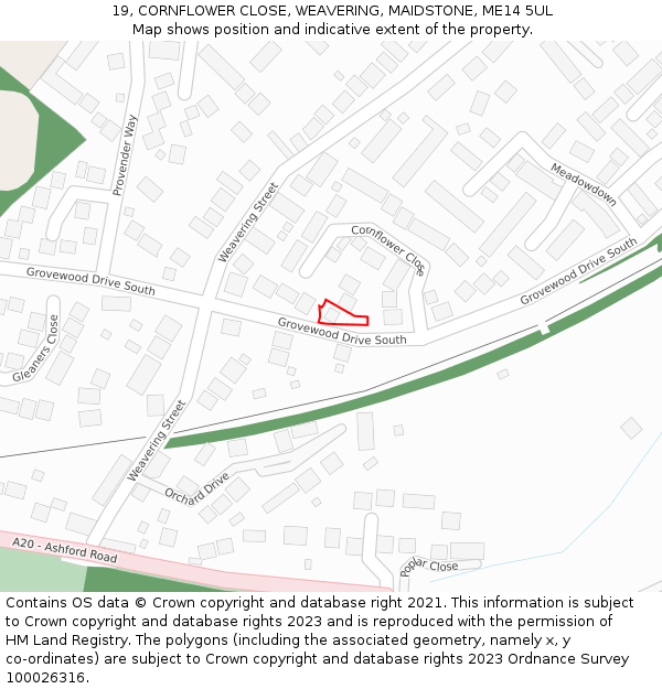 19, CORNFLOWER CLOSE, WEAVERING, MAIDSTONE, ME14 5UL: Location map and indicative extent of plot