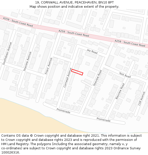 19, CORNWALL AVENUE, PEACEHAVEN, BN10 8PT: Location map and indicative extent of plot