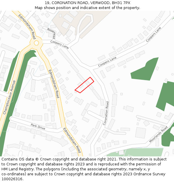 19, CORONATION ROAD, VERWOOD, BH31 7PX: Location map and indicative extent of plot