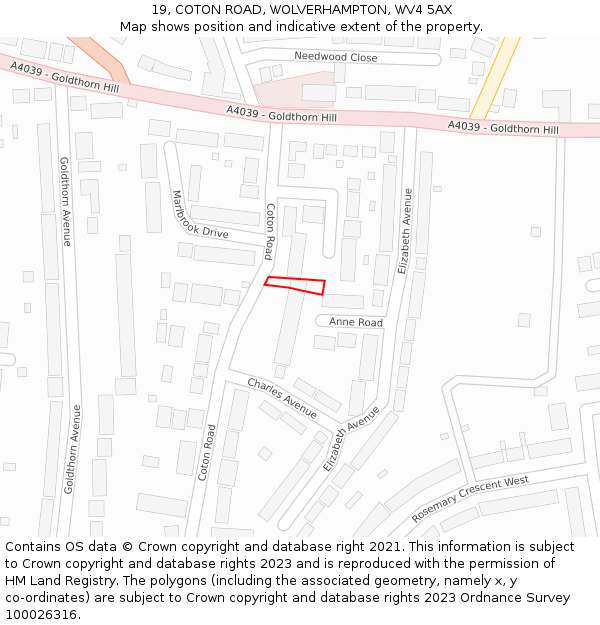 19, COTON ROAD, WOLVERHAMPTON, WV4 5AX: Location map and indicative extent of plot