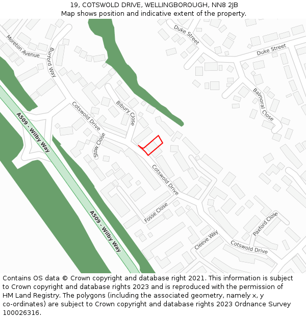 19, COTSWOLD DRIVE, WELLINGBOROUGH, NN8 2JB: Location map and indicative extent of plot