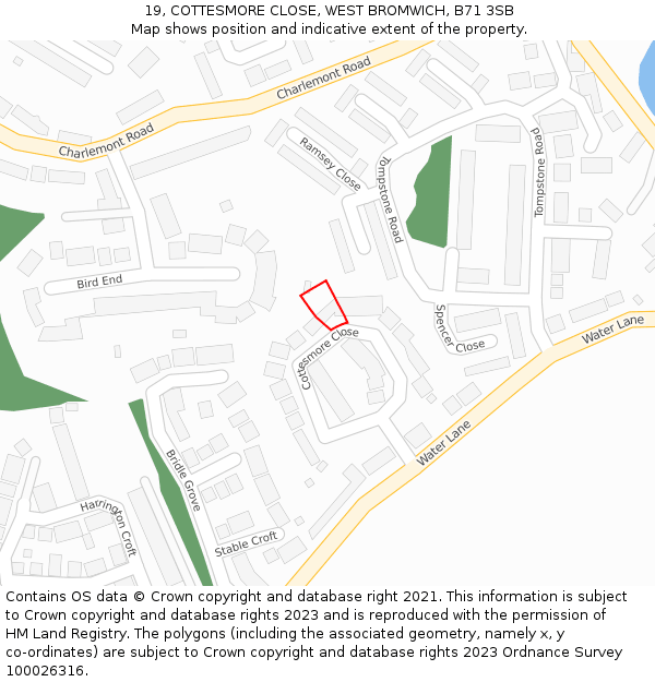19, COTTESMORE CLOSE, WEST BROMWICH, B71 3SB: Location map and indicative extent of plot