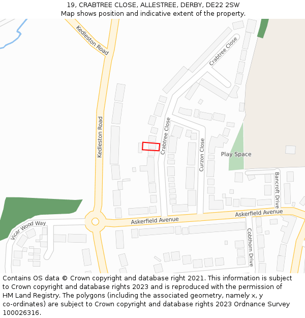 19, CRABTREE CLOSE, ALLESTREE, DERBY, DE22 2SW: Location map and indicative extent of plot