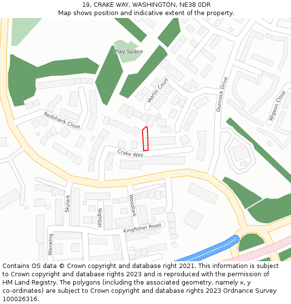 19, CRAKE WAY, WASHINGTON, NE38 0DR: Location map and indicative extent of plot