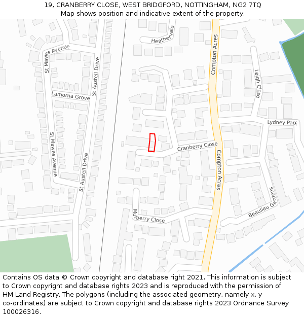 19, CRANBERRY CLOSE, WEST BRIDGFORD, NOTTINGHAM, NG2 7TQ: Location map and indicative extent of plot