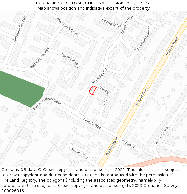 19, CRANBROOK CLOSE, CLIFTONVILLE, MARGATE, CT9 3YD: Location map and indicative extent of plot