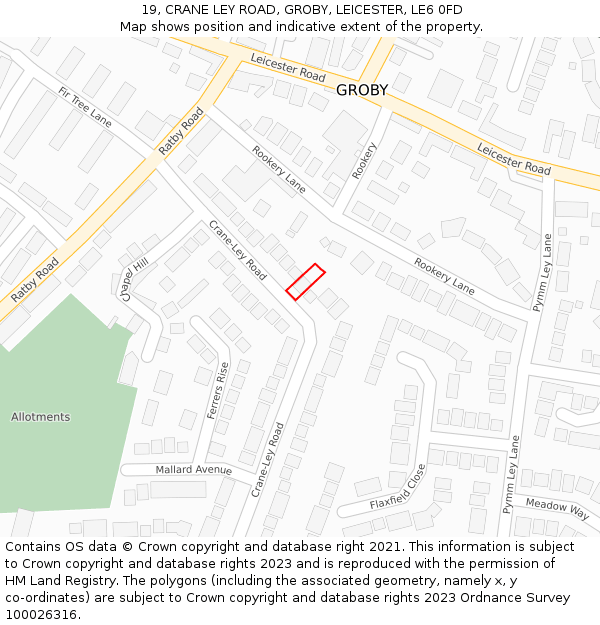 19, CRANE LEY ROAD, GROBY, LEICESTER, LE6 0FD: Location map and indicative extent of plot