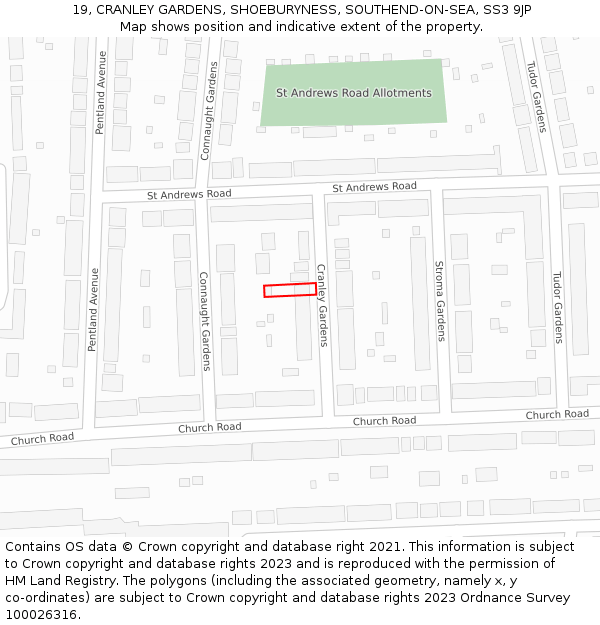 19, CRANLEY GARDENS, SHOEBURYNESS, SOUTHEND-ON-SEA, SS3 9JP: Location map and indicative extent of plot