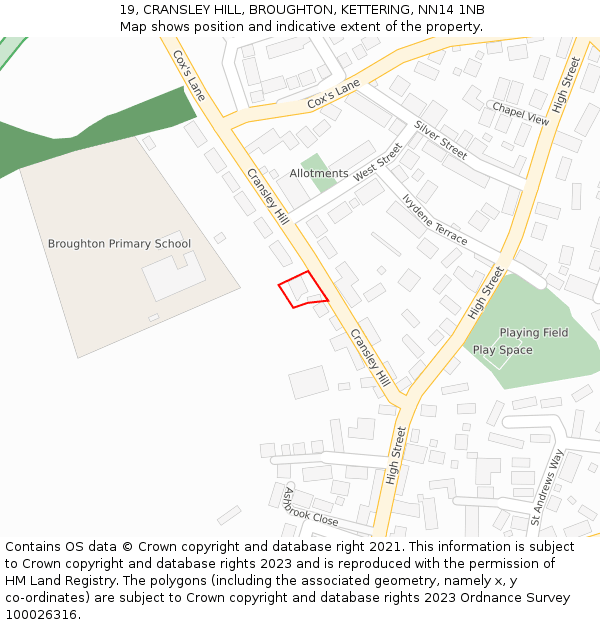 19, CRANSLEY HILL, BROUGHTON, KETTERING, NN14 1NB: Location map and indicative extent of plot