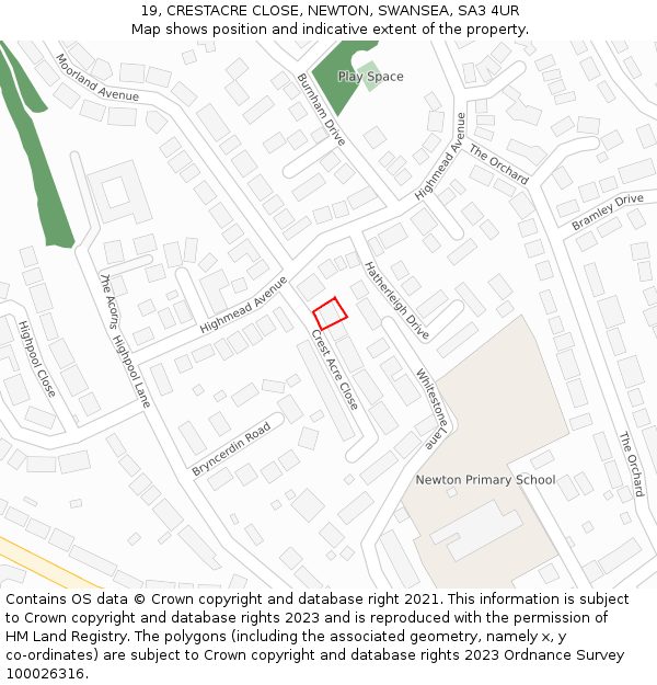 19, CRESTACRE CLOSE, NEWTON, SWANSEA, SA3 4UR: Location map and indicative extent of plot