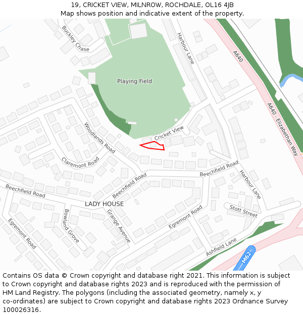 19, CRICKET VIEW, MILNROW, ROCHDALE, OL16 4JB: Location map and indicative extent of plot