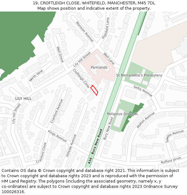 19, CROFTLEIGH CLOSE, WHITEFIELD, MANCHESTER, M45 7DL: Location map and indicative extent of plot