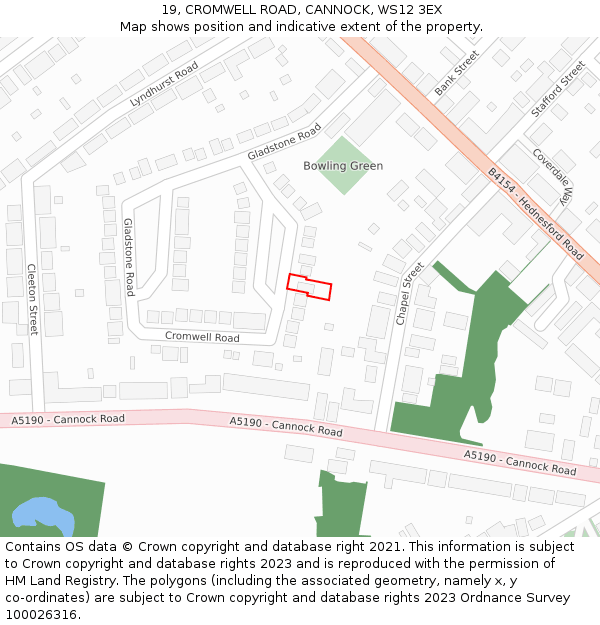 19, CROMWELL ROAD, CANNOCK, WS12 3EX: Location map and indicative extent of plot