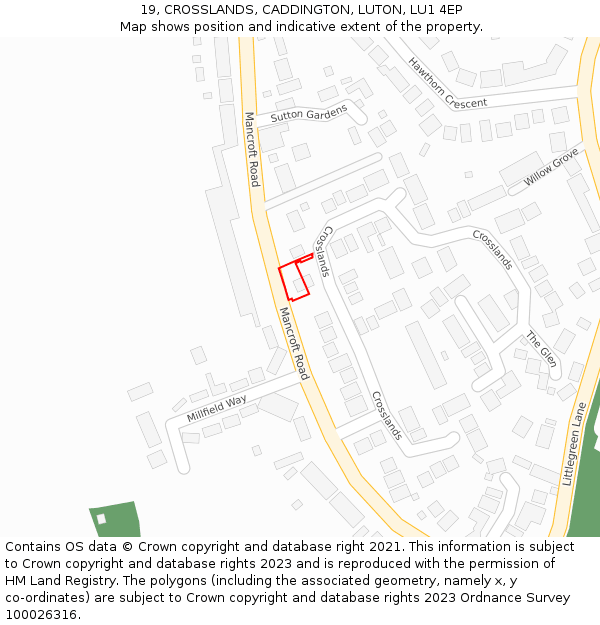 19, CROSSLANDS, CADDINGTON, LUTON, LU1 4EP: Location map and indicative extent of plot