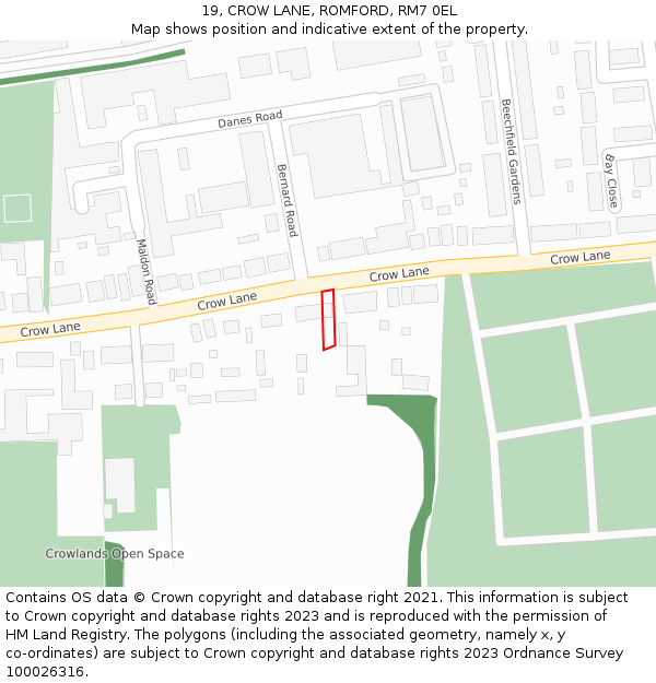 19, CROW LANE, ROMFORD, RM7 0EL: Location map and indicative extent of plot